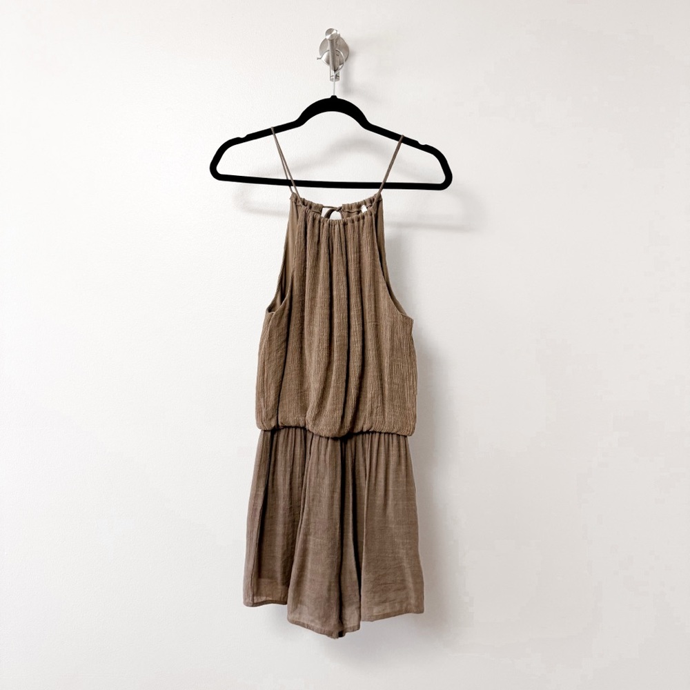 MittoShop Halter Tie Casual Spring Summer Festival Chic Romper Taupe Medium